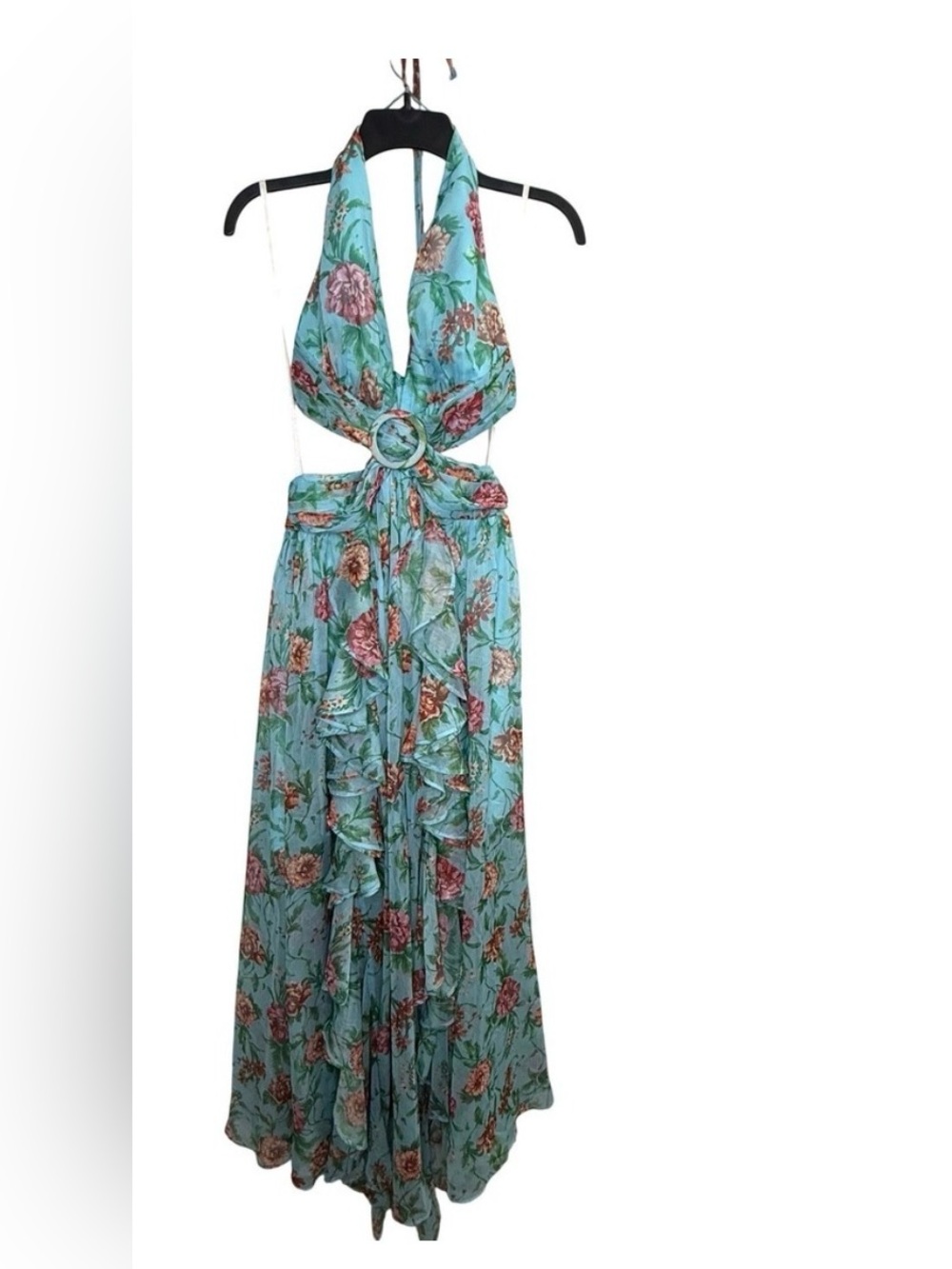 Lulus Small Blue Floral Maxi Dress Olia Halter Cut Out Boho Resortwear Vacation